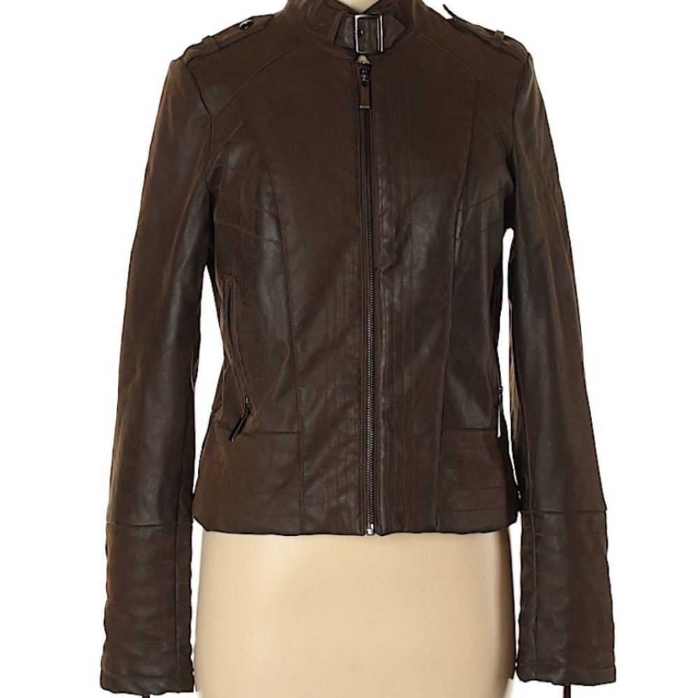 Bikercore Brown Leather Biker Jacket Womens Size M Zip Up Faux Leather Jacket